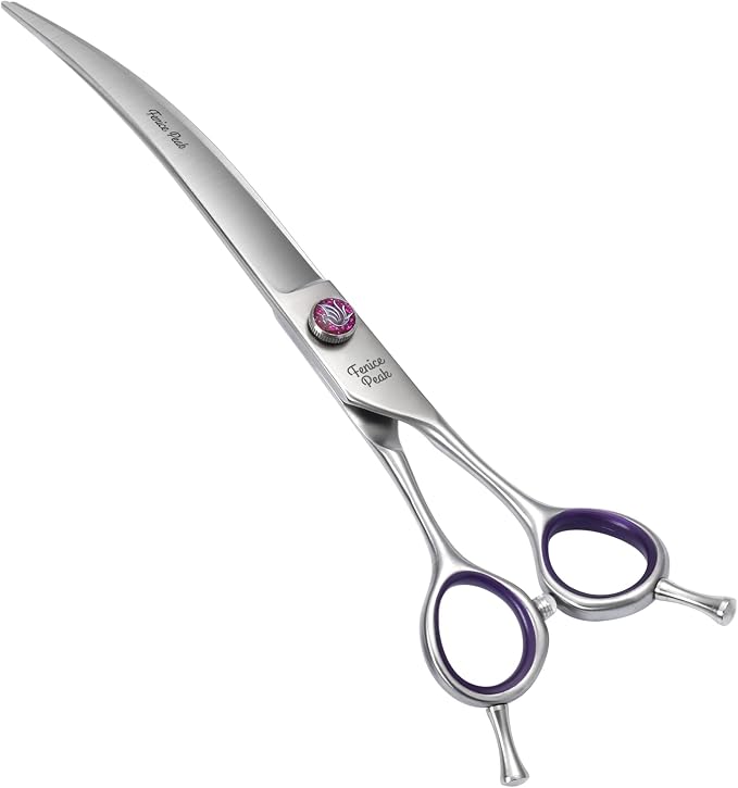 8'' Curved Dog Grooming Scissors Professional 440C Stainless Steel Pet Trimming Shears with Decorative Screw and Offset Handle Sharp and Durable