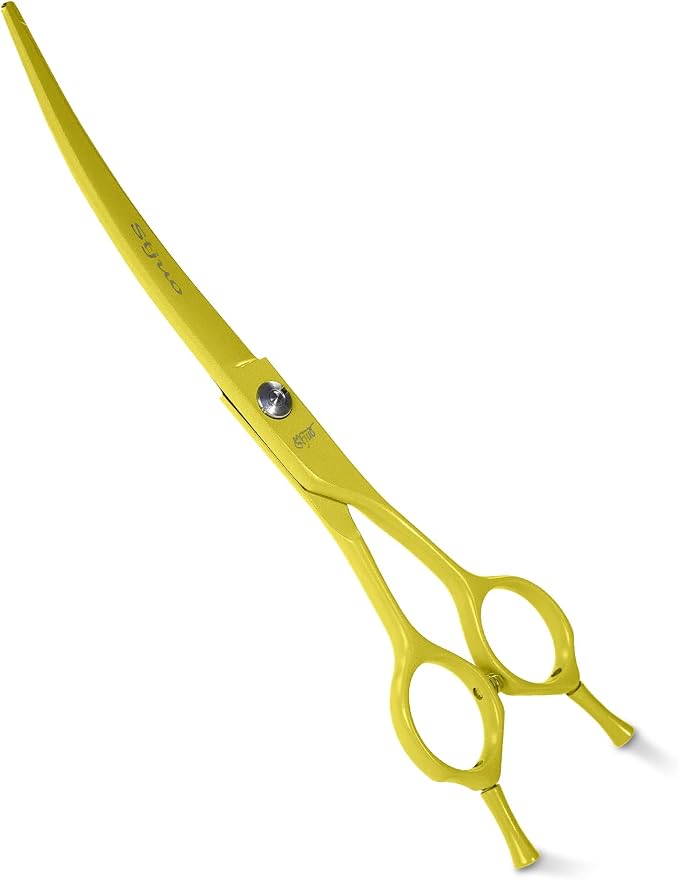 Professional Dog Grooming Scissors: 7" Japanese 440C Steel, Curved Shears with 25-30° Blade for Pet Groomers (Yellow)