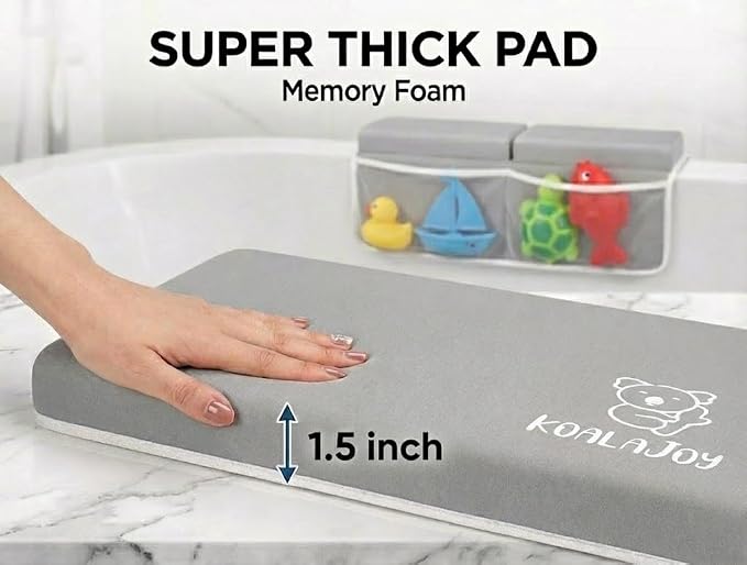 Premium Baby Bath Kneeler & Elbow Rest Pad Set – Thick Memory Foam Cushion – Non-Slip Mat with Mesh Toy Organizer – Baby Bathing Essentials for Parents – Gray