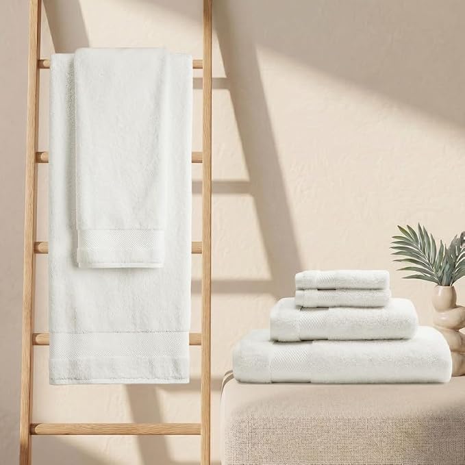 BIOWEAVES 100% Organic Cotton 700 GSM Plush 6-Piece Towel Set GOTS Certified, 2 Bath Towels, 2 Hand Towels & 2 Washcloths - Ivory