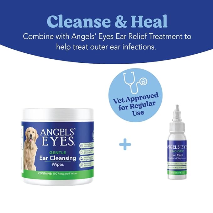 Angels' Eyes Ear Cleansing Wipes for Dogs & Cats | 100 Count Pre-Moistened Pads | Removes Dirt, Wax & Odor | Soothes Itchy Ears with Aloe & Chamomile | Alcohol-Free, No Dyes or Fragrance