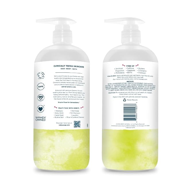 Kirk's Juniper & Lime 3-in-1 Nourishing Cleanser, Shampoo Body Wash Bubble Bath, Coconut Oil and Aloe Vera, Vegan Non-GMO, 32 Fl Oz
