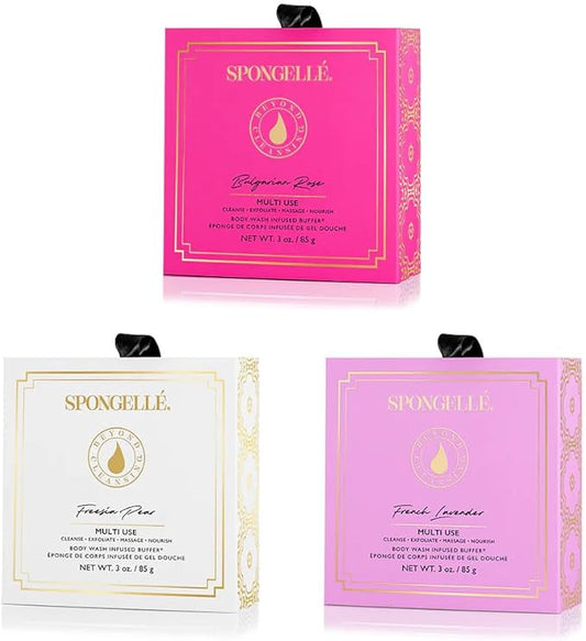 Spongelle Wild Flower Buffer Body Scrubber Bundle with Box | Bath & Shower Loofah for Women | Exfoliator with Body Wash Infused | 14+ uses (Bulgarian Rose, French Lavender, Freesia Pear)