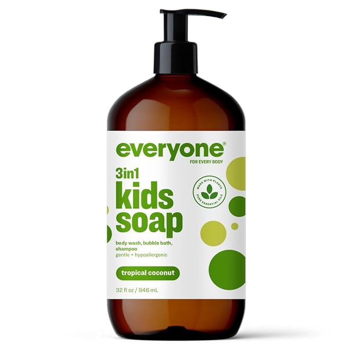 Everyone 3-in-1 Kids Soap, Body Wash, Bubble Bath, Shampoo, 32 Ounce (Pack of 1), Tropical Coconut, made with Essential Oils for Toddlers, Tweens and Teens