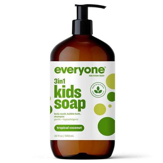 Everyone 3-in-1 Kids Soap, Body Wash, Bubble Bath, Shampoo, 32 Ounce (Pack of 1), Tropical Coconut, made with Essential Oils for Toddlers, tweens and teens