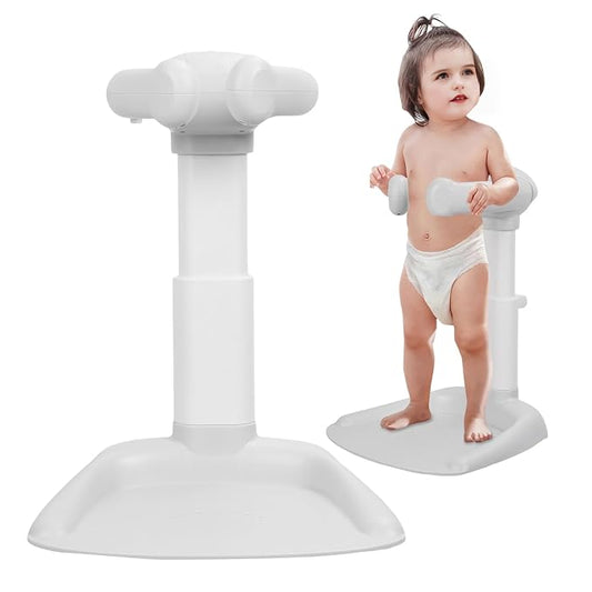 Foldable Design Baby Shower Stand with Armrest High Stability Adjustable Height Baby Shower Standing Support, Collapsible Kids Showering Rack with Head Holder Grey