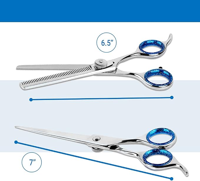 Laazar Pet Grooming Set - 7" Straight Pet Grooming Scissors & 6.5" Pet Thinning Shears with 42 Teeth | Professional Dog Scissors Kit | Use as Cat and Dog Shears