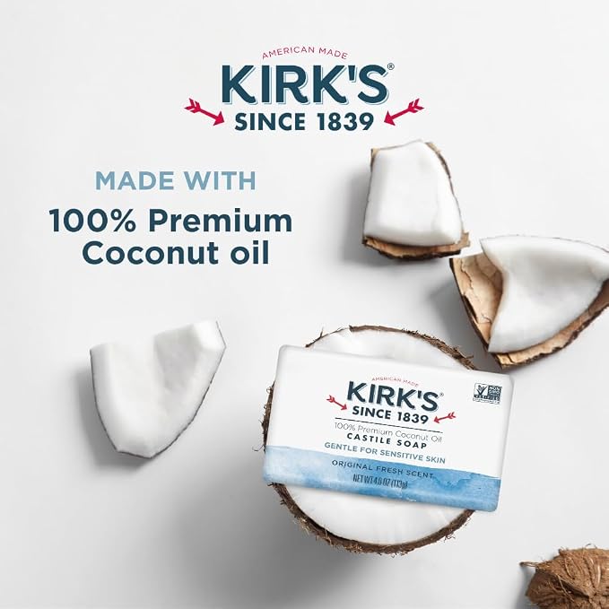 Kirk's Castile Bar Soap, Original Fresh Scent - Clinically Tested, Safe for Sensitive Skin with Coconut Oil, Vegan and Non-GMO - 4 oz Bars, 24 Pack and Fragrance Free Travel Bar