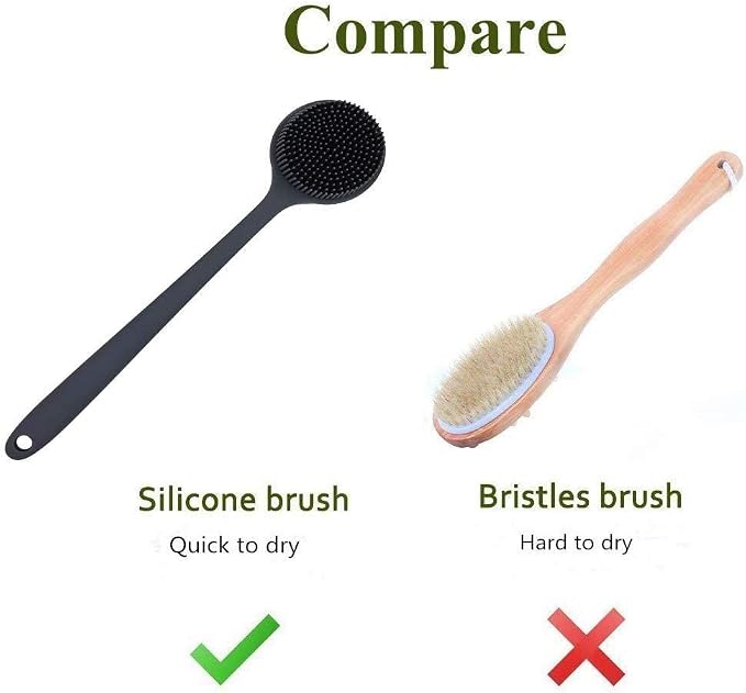 Long Handle Silicone Body Scrubber for Shower, Dual-Sided Back Scrubber Brush with Soft Bristles&Massage Nodes, Exfoliating Bath Brush for Hard to Reach Areas, Easy to Clean & Quick Dry, for Daily Use