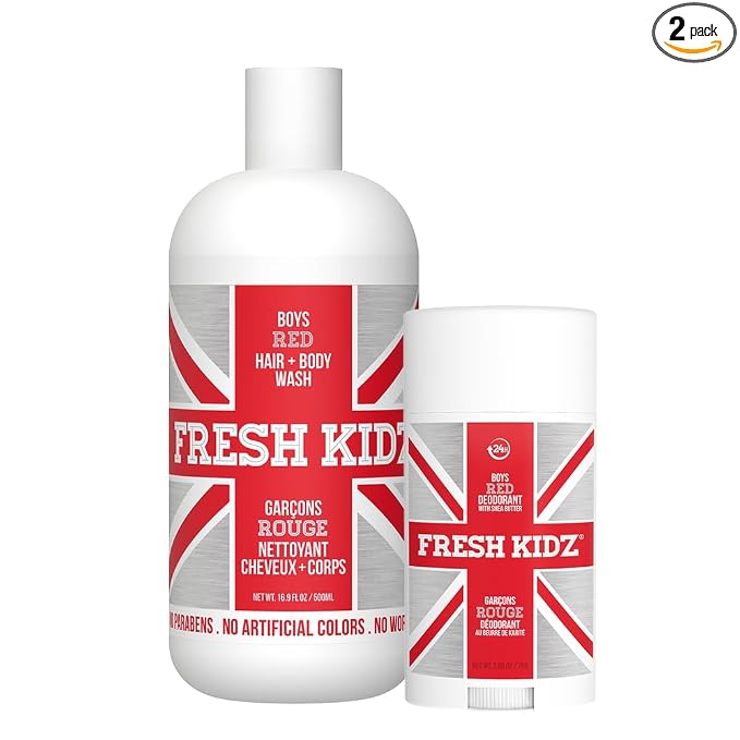 Fresh Kidz Hair & Body Wash 16.9 fl.oz. and Stick Deodorant 2.65 oz for Kids and Teens - Boys Red Set