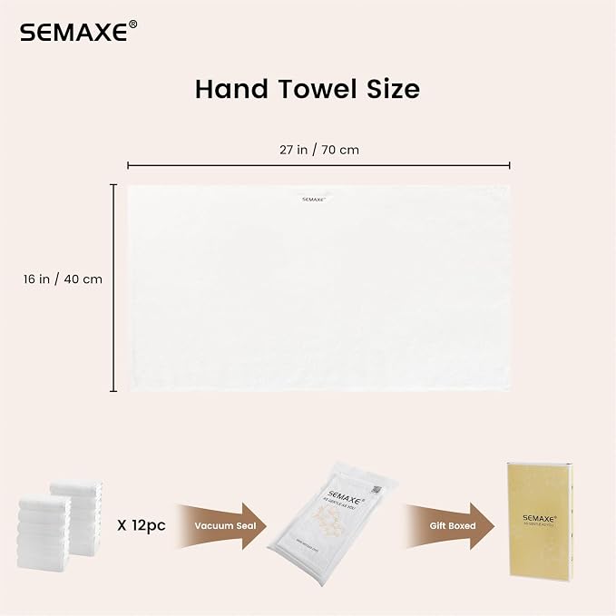 SEMAXE 12-Pack White Cotton Hand Towels for Bathroom with Hanging Loops | Sink-side towels for drying hands and face, ideal for bathrooms, guest baths, powder rooms, OEKO-TEX certified, easy care