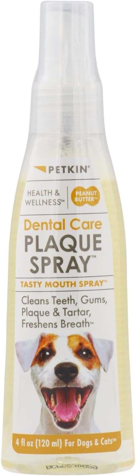 Petkin Plaque Spray, Peanut Butter, 4 Fl Oz - Cleans Teeth & Gums, Removes Plaque & Tartar, Freshens Breath & Whitens Teeth with Baking Soda - Ideal Cat & Dog Dental Spray with No Brushing or Rinsing