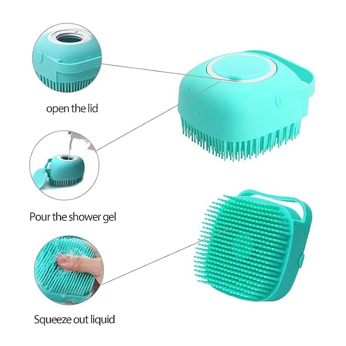 Dog Bath Brush with Shampoo Dispenser - Silicone Dog Shampoo Brush Scrubber for Bathing, Shedding & Massage for Dogs & Cats and 6 Finger Toothbrush For Dogs