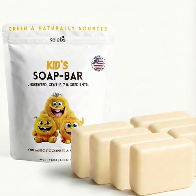 KELEBS Unscented Kids Soap Bar 7-Pack – Organic & Gentle Trio Oil Body Wash for Children – Soothes Dry & Delicate Skin – Only 7 Natural Ingredients