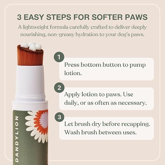 Dog Paw Balm, Soft Paws, Paw Moisturizer for Dogs with Brush, 0.6 fl oz | Dandylion Dog Lotion for Paws, Fragrance Free, pH Balanced, Lightweight Moisture for Dry Cracked Paw Pads and Nose