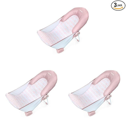 Ingenuity Foldaway 2-Position Bather,2-Position Adjustable Support Baby Bath seat for Sink or Bathtub,Ages 0-6 Months,up to 20 pounds,Pink,(Pack of 3)