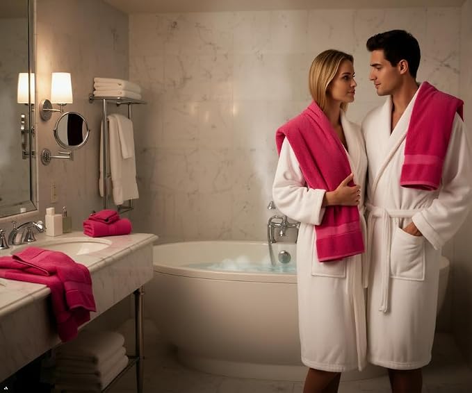 Bath Towels Set -100% Cotton - 2 Bath, 2 Hand & 2 Washcloths - Large, Thick, Fluffy, Absorbent, Quick Dry, Soft & Plush - 6 Piece Luxury Bathroom Towels - Hot Pink/Dark Pink/Fuchsia