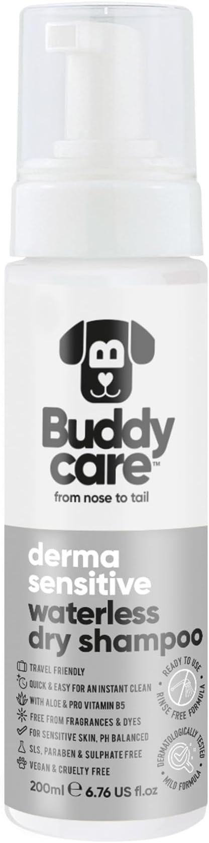 Buddycare Derma Sensitive Waterless Dry Dog Shampoo – No Rinse, Fragrance Free Formula for Sensitive Skin – with Aloe & Pro Vitamin B5 – pH Balanced, SLS & Paraben Free, Vegan & Cruelty Free