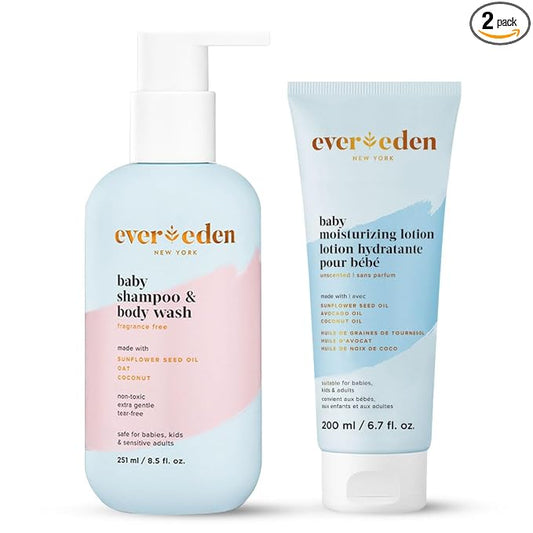 Evereden Baby Bathtime DUO: Baby Lotion for Newborn and 2-in-1 Newborn Shampoo and Body Wash Set - Soothing, Cleansing, & Hydrating Shampoo and Lotion