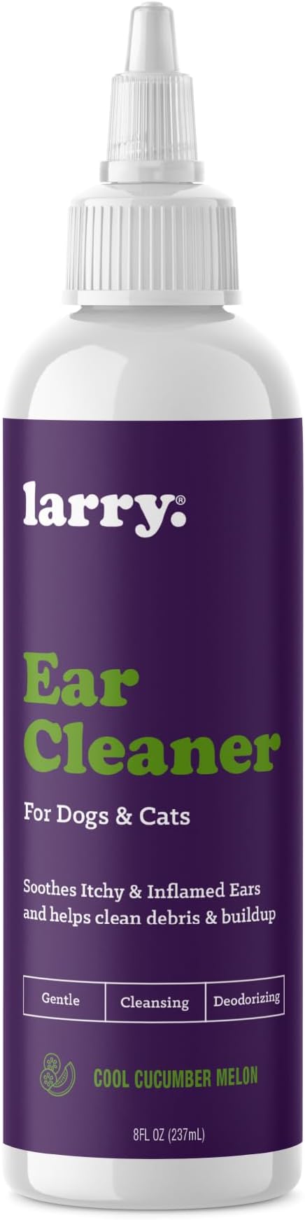 Larry Dog Ear Cleaner Solution & Cat Ear Cleaner for Dogs and Cats - Vet-Recommended Gentle Wash for Pet Ears -Cleans, Dries & Deodorizes - Cucumber Melon - 8 fl oz