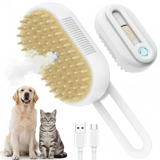 4 in 1 Rechargeable Dog & Cat Steam Brush, Portable Grooming Tool for Massage, Shedding, Grooming, Bathing, Anti-Static & Reduce Flying Fur, Suitable for Short & Long-haired Pets (white)