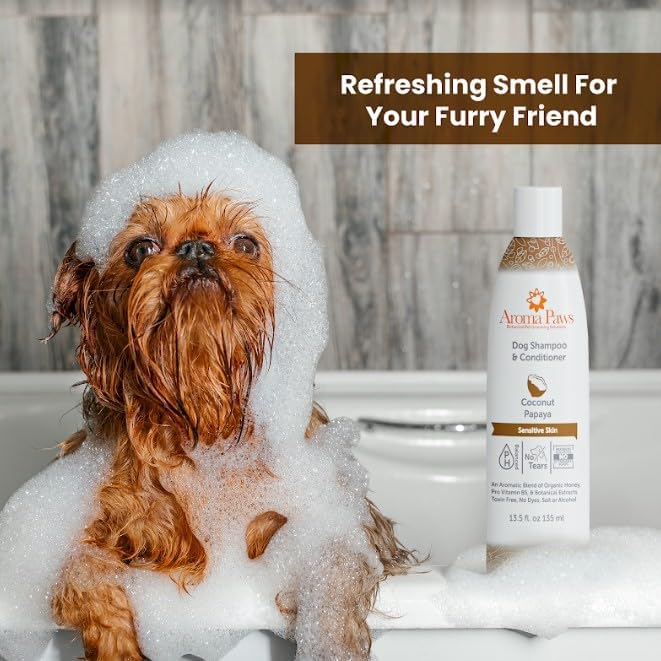 Dog Shampoo and Conditioner - Aromatic Tearless Shampoo for Cleansing, Grooming, and Conditioning Sensitive Skin - Moisturizing Shampoo for Dogs and Puppies - Coconut Papaya 13.5 oz