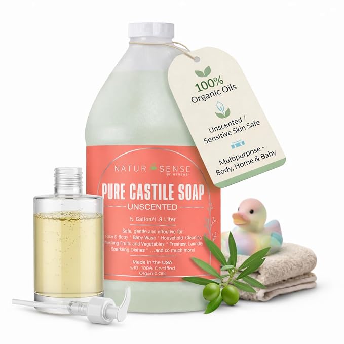 Organic Castile Soap Liquid Unscented 64 oz - Baby Body Hand Wash Shampoo | NaturSense plant-based liquid soap for baby, body, hands, hair, dishes, pets, home - organic oils, sulfate & paraben free