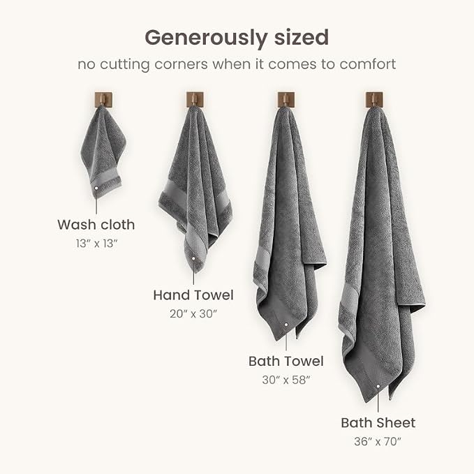 BIOWEAVES 100% Organic Cotton 700 GSM Plush 6-Piece Towel Set GOTS Certified, 2 Bath Towels, 2 Hand Towels & 2 Washcloths - Light Grey