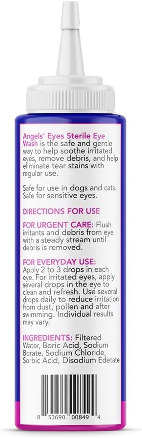 Angels' Eyes Multi-Purpose Sterile Eye Wash for Dogs & Cats | 4 oz Eye Cleaner & Rinse | Tear Stain Reducer with Boric Acid | Soothes Allergies, Debris, Mucus & Weepy Eyes | Vet Formulated