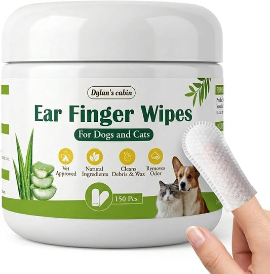 Dylan's cabin Cat Ear Wipes - 150 Count Finger Wipes for Dogs Cats, Pet Ear Cleaning Remove Wax Dirt Debris, Odor Gentle Alcohol Free Daily Ear Care