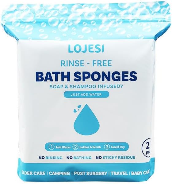 LOJESI Rinse-Free Bath Sponges, Soap & Shampoo Infused, Hypoallergenic, pH Balanced, 7.874x7.874 Inches, 25 Count
