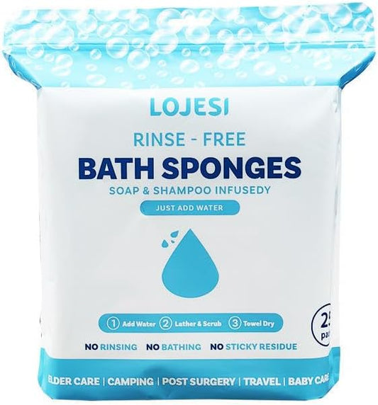 LOJESI Rinse-Free Bath Sponges, Soap & Shampoo Infused, Hypoallergenic, pH Balanced, 7.874x7.874 Inches, 25 Count