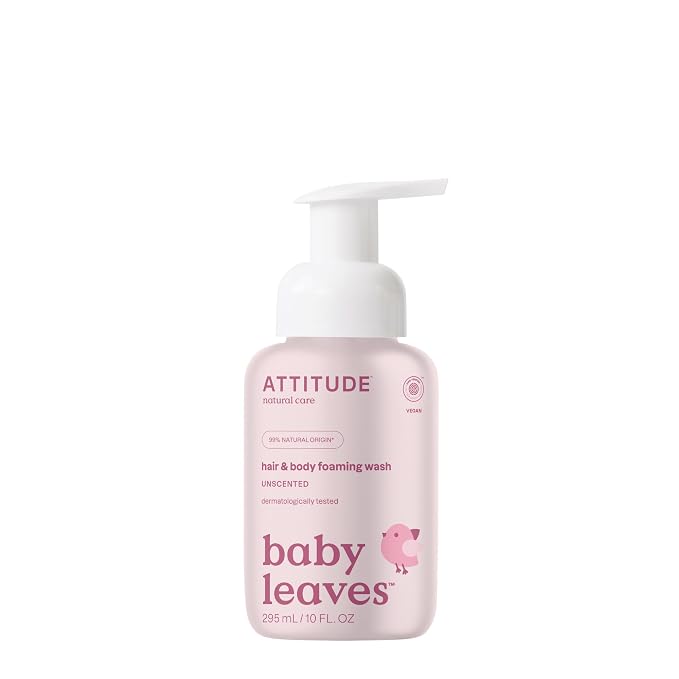 ATTITUDE 2-in-1 Hair and Body Foaming Baby Wash, EWG Verified Shampoo Soap, Dermatologically Tested, Made with Naturally Derived Ingredients, Vegan, Unscented, 10 Fl Oz