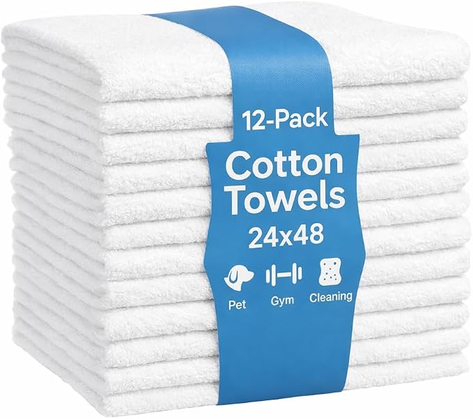 JMR White Bath Towels Bulk Pack of 12 (24x48) - 100% Cotton Lightweight & Quick-Dry Cotton Towels for Hotel, Rental Properties, Gym & Commercial Use