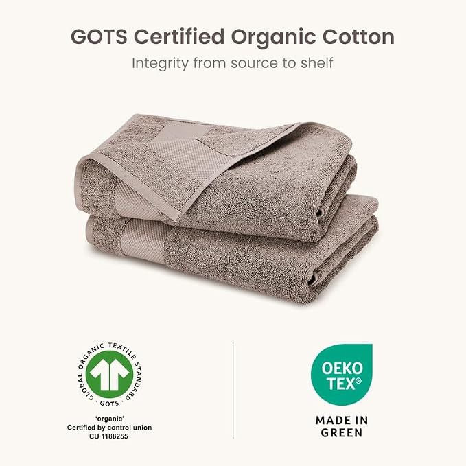 BIOWEAVES 100% Organic Cotton 700 GSM Plush Bath Towels 30" x 58" GOTS Certified - Taupe, Pack of 2