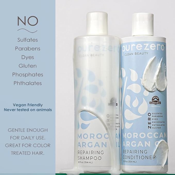 Purezero Moroccan Argan Oil Shampoo & Conditioner set - Repair Damaged Hair - Fight Dandruff & Frizz - Zero Sulfates, Parabens, Dyes, Gluten - 100% Vegan & Cruelty Free - Great For Color Treated Hair
