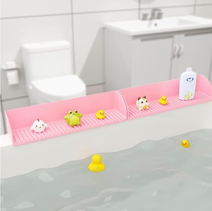 2-Pack Silicone Splash Guard for Bathtub & Sink in Pink – Kids Bath Water Barrier with Suction Cups, Toy Tray Holder & Shelf – Toddler Bathroom Accessories for Mess-Free Bath Time!