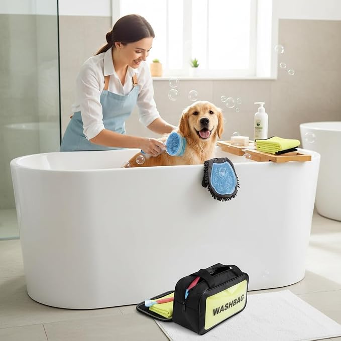 Dog Washing Kit: Bath Brush, Hair Brush, Washing Glove, Dog Towels(6 Pcs)