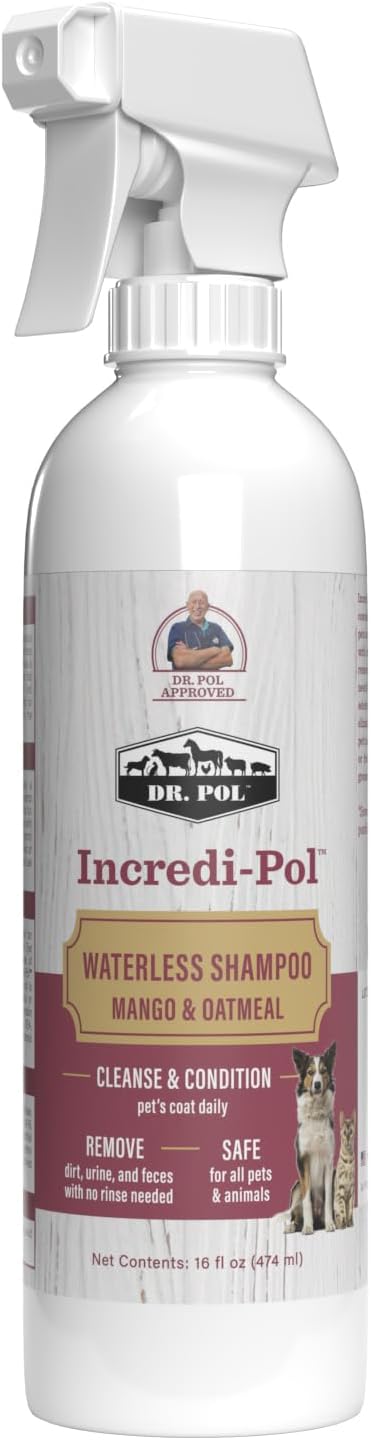 Dr. Pol Incredi-Pol Waterless Shampoo | Waterless Dog Shampoo & No-Rinse Pet Cleanser | Rinse Free Dog Shampoo for Smelly Dogs | Safe for All Pets & Animals | Mango/Oatmeal | 16 oz