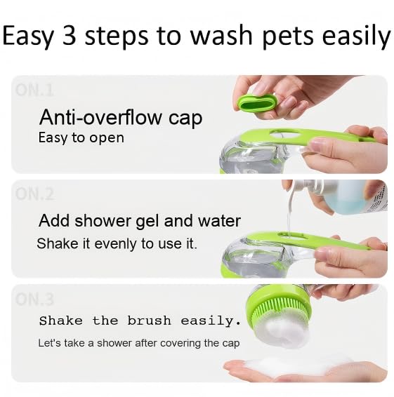 Pet Bath Brush with Shampoo Dispenser, Silicone Bristles, Ergonomic Handle, Green, 3-in-1 Shower Massage Tool for Dogs and Cats (Yelloew)