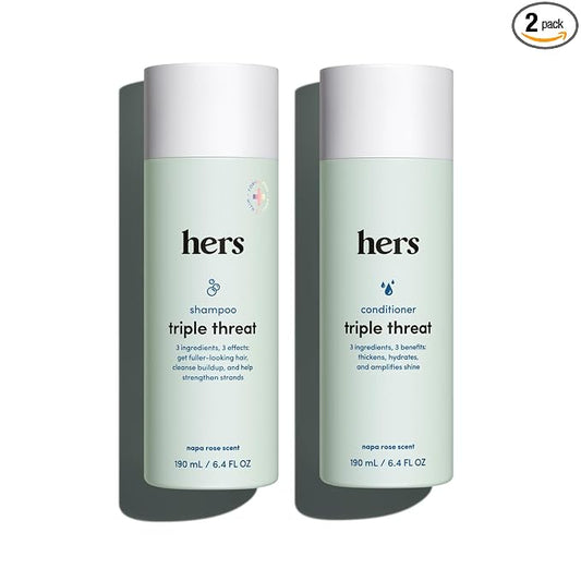 hers Triple Threat Shampoo & Conditioner Set - Biotin, Saw Palmetto, & Pumpkin Seed Oil Formula - Thickens & Hydrates - Color-Safe, Paraben-Free, Vegan - Napa Rose Scent - 6.4 Fl Oz, 2 Count