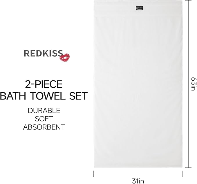 REDKISS Luxury White Bath Towels Set of 2, 100% Cotton 760GSM Heavyweight Bath Sheets, 31 x 63 Inch Oversized Large Bath Towels, Soft Plush Fluffy, Highly Absorbent Quick Dry Hotel Collection