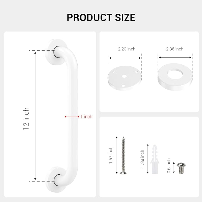 12 Inch Grab Bars for Wall White, Safety Shower Grab Bars for Seniors Elderly Handicapped, Handicap Grab Bars for Shower with Concealed Screws, Tesuchan