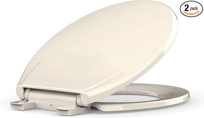 Round Toilet Seat, Soft Close Noiseless Lid, Slow Close Anti-Slam Design, American Standard Compatible,Almond