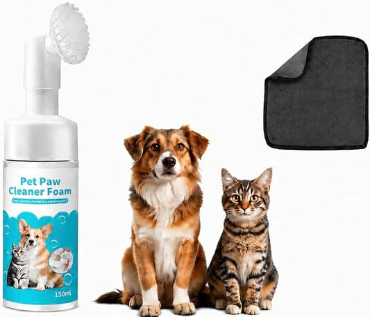 2 for 1 Dog Paw Cleaner Kit for Dogs & Cats – No-Rinse Paw Cleaning Foam, Microfiber Towel & Waste Bag Rolls – Portable Muddy Paw Cleaner Set for Indoor & Outdoor Use