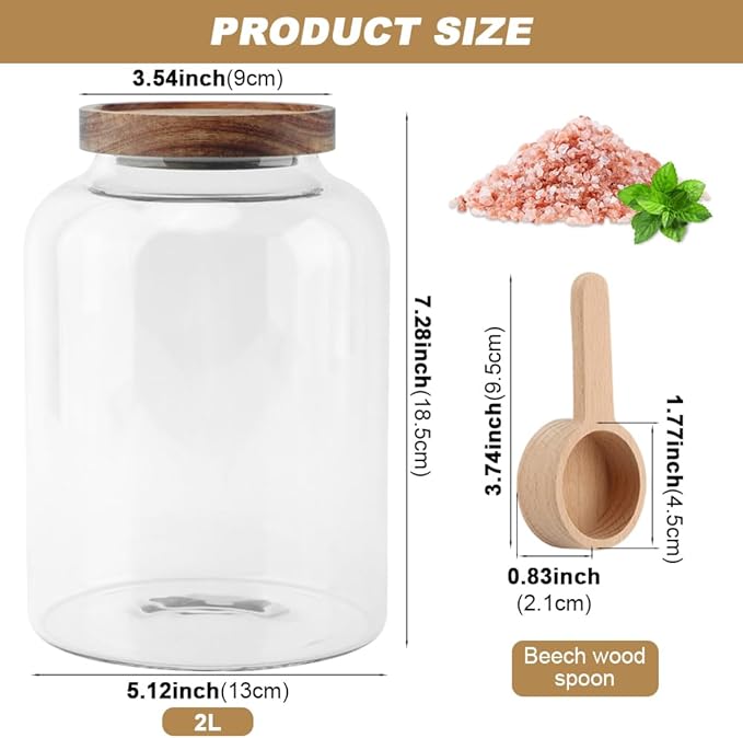 Bath Salts Glass Jar, Bath Salt Container with Wooden Lid and Scoop, Glass Food Storage Jars for Home Decor,Tea,Spice,Cereal, Egg,Flour,Coffee(73 oz,Clear)