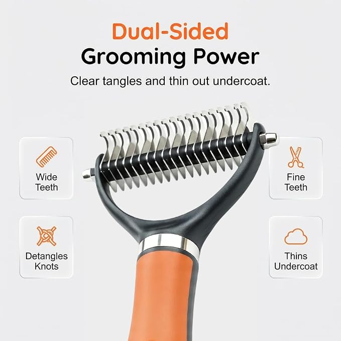 Double-Sided Pet Grooming Brush, 2026 New Undercoat Rake for Long Haired Pets, Durable Dematting Tool for long haired cats, Easy Grip Fur Remover Comb for home use (2, Orange)