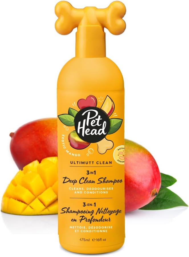 Pet Head Ultimutt Clean 3-in-1 Deep Clean Dog Shampoo | Mango Scent | Deeply Cleanses, Deodorizes & Conditions Your Dogs Coat | Eliminates Skunk and Fox Poo | Dog Shampoo for Smelly Dogs | 16 fl. oz.