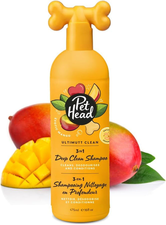 Pet Head Ultimutt Clean 3-in-1 Deep Clean Dog Shampoo | Mango Scent | Deeply Cleanses, Deodorizes & Conditions Your Dogs Coat | Eliminates Skunk and Fox Poo | Dog Shampoo for Smelly Dogs | 16 fl. oz.