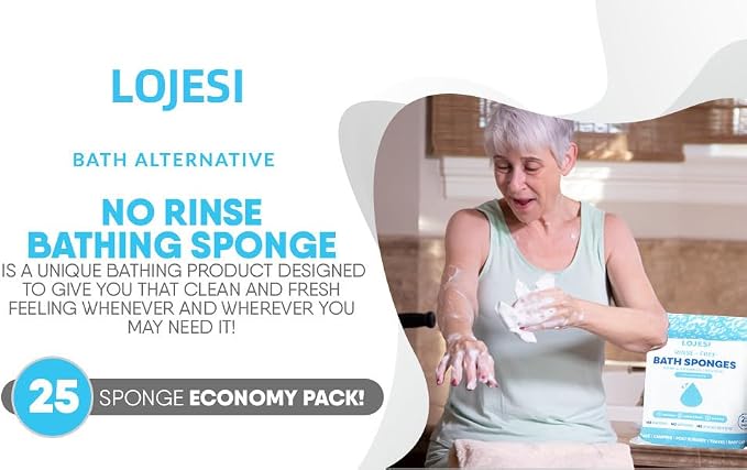 LOJESI Rinse-Free Bath Sponges, Soap & Shampoo Infused, Hypoallergenic, pH Balanced, 7.874x7.874 Inches, 25 Count